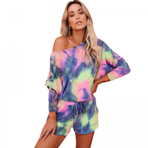 Hot Sale New Arrival Ladies Fashion Tie Dye Home Clothes Women Casual 2 Pieces Shorts + T Shirt Sleepwear Clothing Set