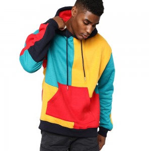 men custom wholesale long sleeve front kangaroo pocket multi color block hoodie