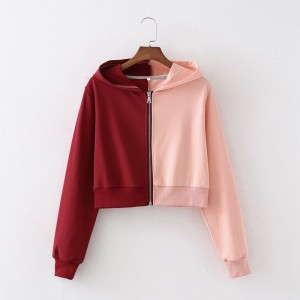 Custom Women Patchwork Zipper Hoodie Crop Top Sweatshirts 2021 Autumn Oversize Ladies Long Sleeve Pullovers Hooded Tops