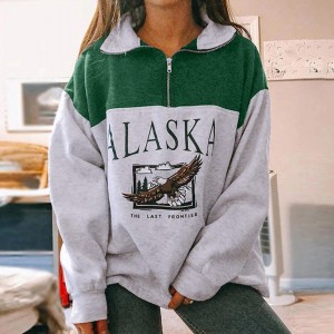 2022 Vintage 1/4 Zip up Sweatshirts Streetwear Letter Printed Fleece Turn-down Collar Women Loose Sweatshirt Quarter ZI